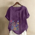 thumbnail image 1 of Spring Fashion Womens Tops under $5 Summer Cotton Linen Floral Print Short Sleeve Button Plus Size Shirts Blouses for Women $5 Workout Casual Tunic Tops Casual 2025 Purple XXL, 1 of 5