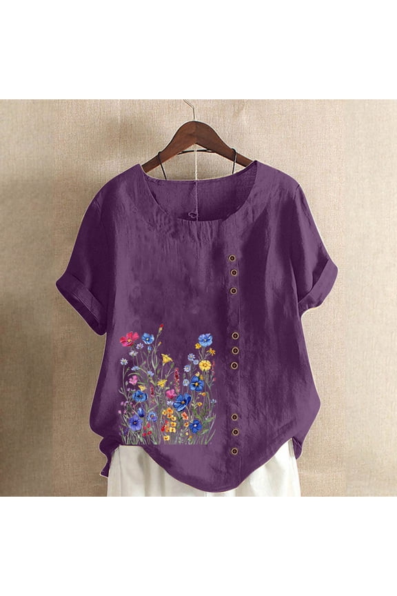 Spring Fashion Womens Tops under $5 Summer Cotton Linen Floral Print Short Sleeve Button Plus Size Shirts Blouses for Women $5 Workout Casual Tunic Tops Casual 2025 Purple XL