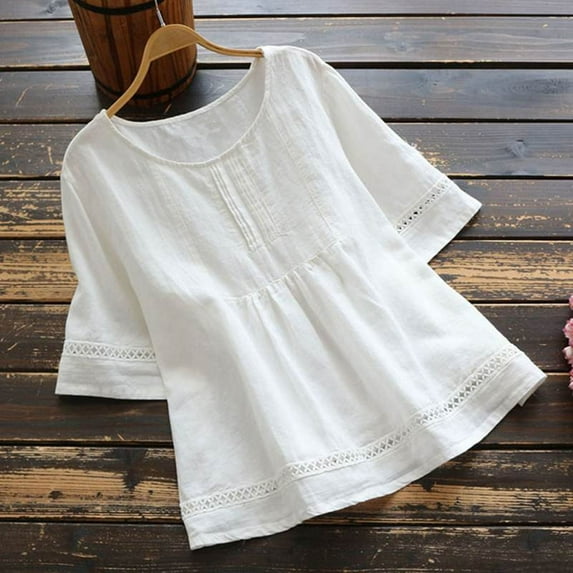 Spring Fashion Womens Tops under $5 Summer Cotton Linen Round Neck Half Sleeve Loose Hallow Out And Plus Size Shirts Blouses for Women $5 Workout Casual Tunic Tops White XXXXXL
