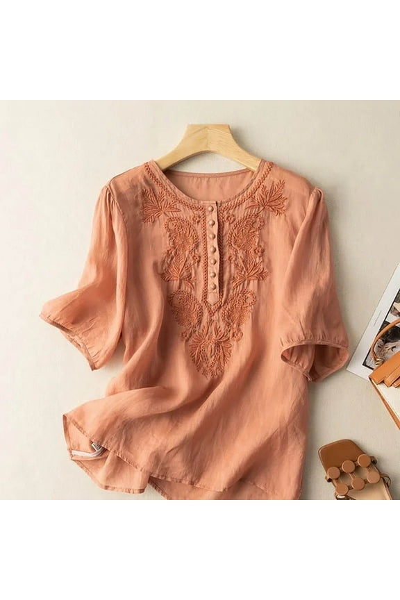 Spring Fashion Womens Tops under $5 Summer Cotton Linen Short Sleeve Round Neck Loose Fit Plus Size Shirts Blouses for Women $5 Workout Casual Tunic Tops Casual 2025 Orange M