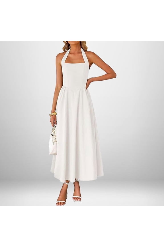 Spring Fashionable Elegant Wide Strap Halter Neck Backless Dress