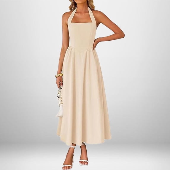 Spring Fashionable Elegant Wide Strap Halter Neck Backless Dress
