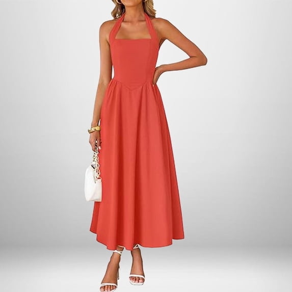 Spring Fashionable Elegant Wide Strap Halter Neck Backless Dress