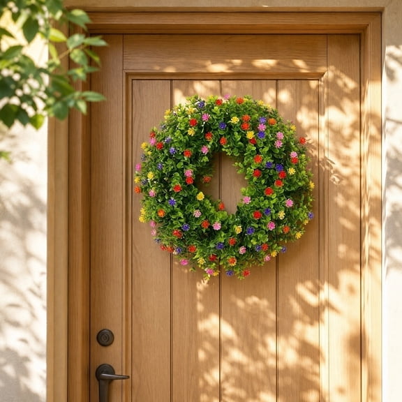 Spring Faux Baby's Breath Floral Wreath, Artificial Greenery Hanging Garland Ornament, Weatherproof Front Door Decor for Yard Fence, Porch Eaves and Outdoor Home Wall Styling, Multicolor