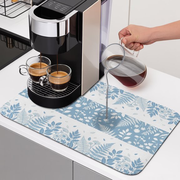 Spring Ferns Dish Drying Mats for Kitchen Counter, Country Blue Floral Leaf Fern Absorbent Coffee Bar Mat with Non-slip Rubber Backed Quick Drying Dish Rack Pad 12"x16"