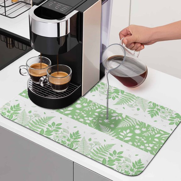 Spring Ferns Dish Drying Mats for Kitchen Counter, Country Green Floral Leaf Fern Absorbent Coffee Bar Mat with Non-slip Rubber Backed Quick Drying Dish Rack Pad 12"x16"