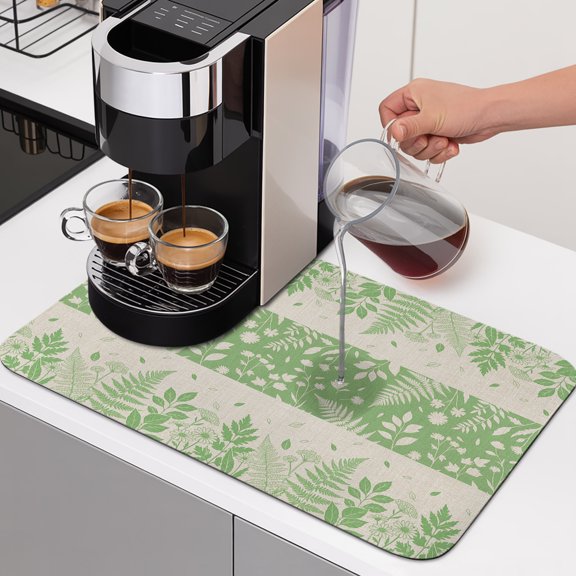 Spring Ferns Dish Drying Mats for Kitchen Counter, Country Green Floral Leaf Fern Linen Texture Absorbent Coffee Bar Mat with Non-slip Rubber Backed Quick Drying Dish Rack Pad 12"x16"