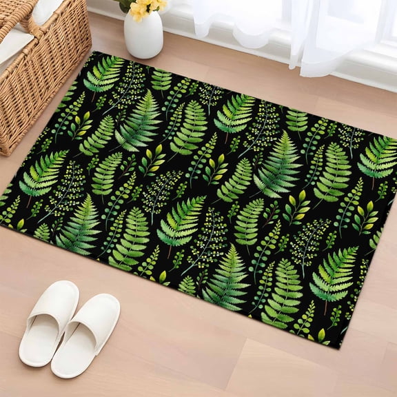 Spring Ferns Leaves 2'x3' Rug for Entryway Front Door Kitchen Sink Area, Watercolor Green Plant Black Low Pile Non Slip Rectangle Area Rug, Machine Washable Indoor Outdoor Mat