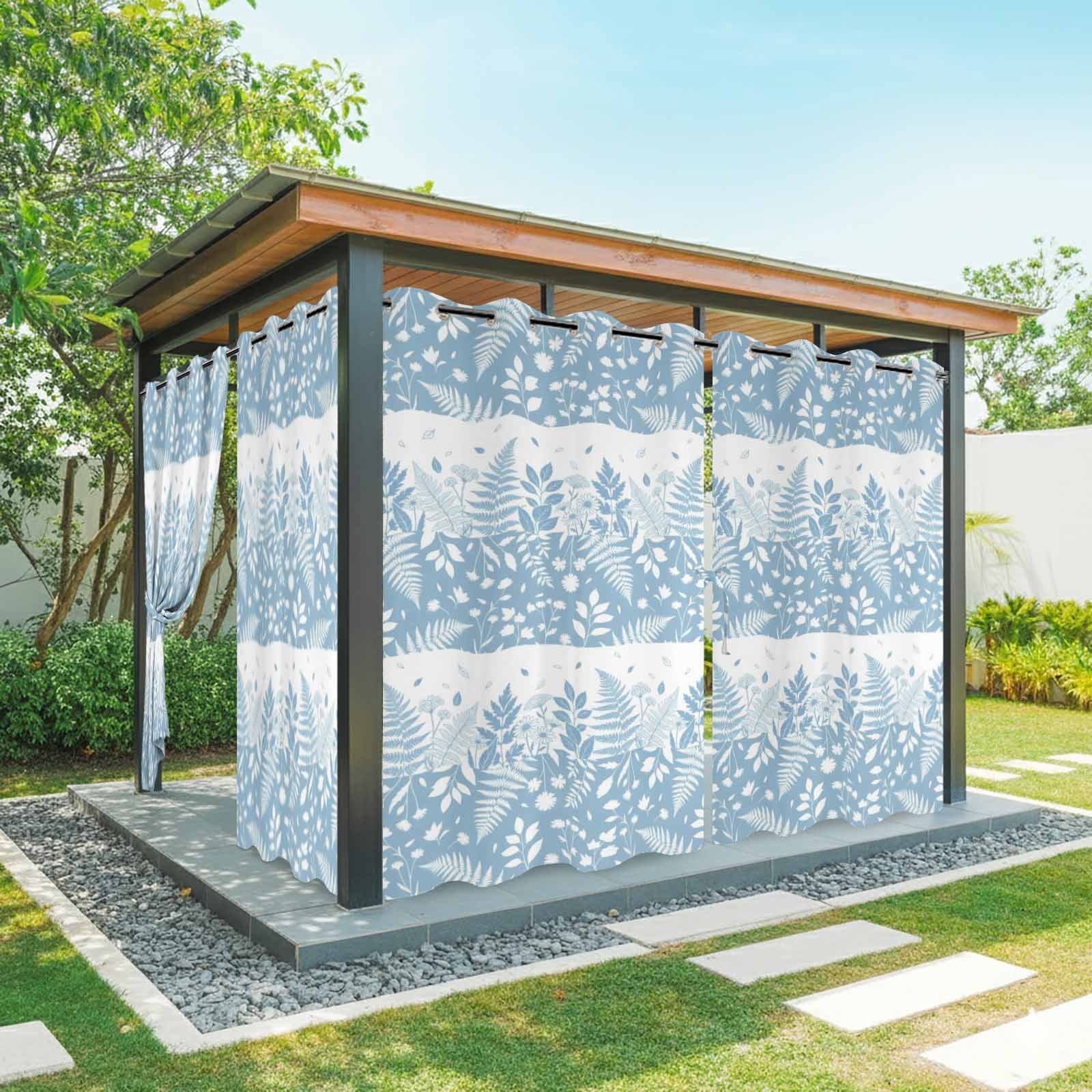 Spring Ferns Outdoor Curtains for Patio, Country Blue Floral Leaf Fern Sunshade Privacy Drapes Grommet Waterproof Outside Curtains for Porch/Cabana/Balcony 54"x 108", 1 Panel