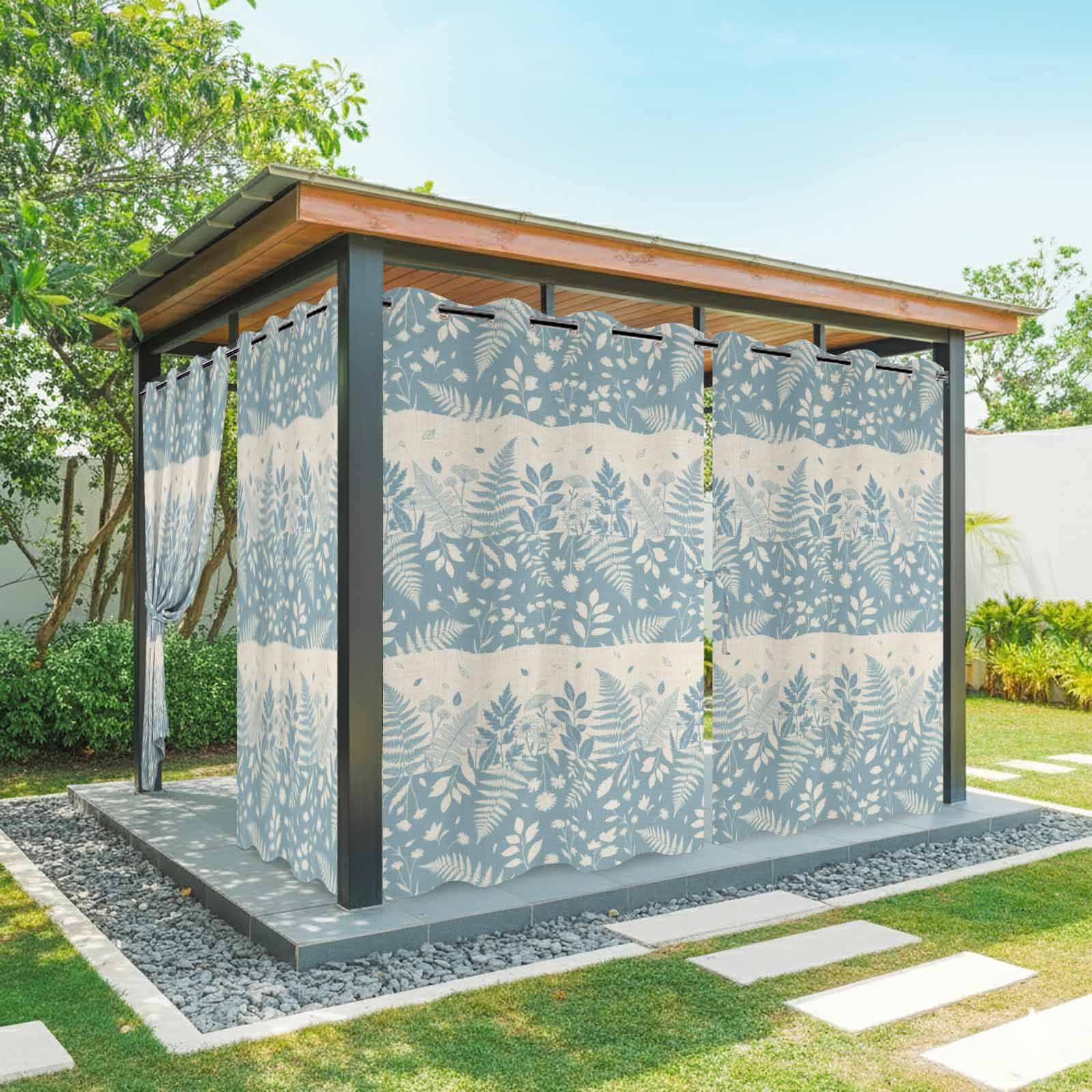 Spring Ferns Outdoor Curtains for Patio, Country Blue Floral Leaf Linen Texture Sunshade Privacy Drapes Grommet Waterproof Outside Curtains for Porch/Cabana/Balcony 54"x 84", 2 Panel