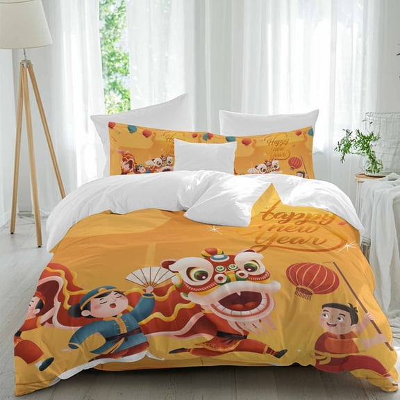 Spring Festival Dance Lions Queen Size Bed Set,Happy New Year Words Bedding for All Seasons,4 Pcs Bed Set,1 Quiltcover (90"x92"),1 Sheet(94"x116"),2 Pillowcases (30"x20")