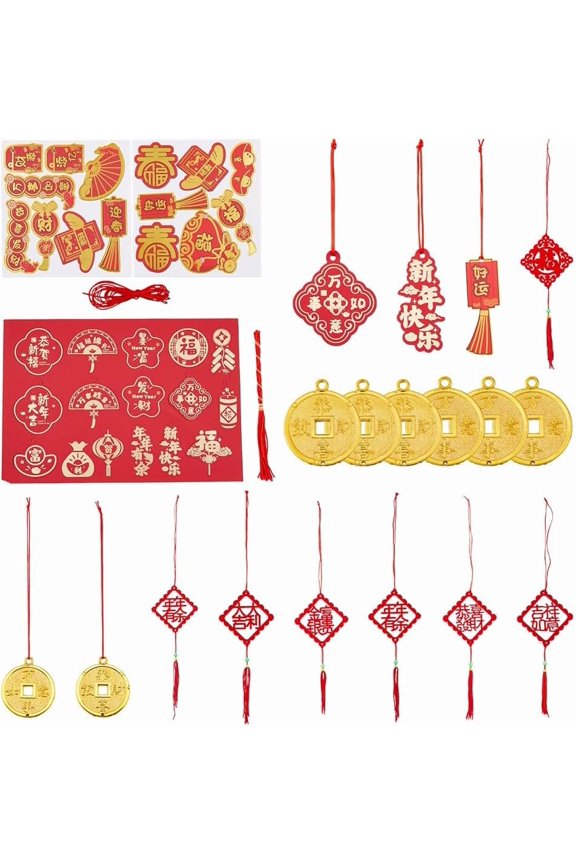 Spring Festival Decoration Sets Including Flocking Non-Woven Fabric Pendant Paper Hanging Decoration Velvet Imitation Copper Coin Hanging Decorations for DIY