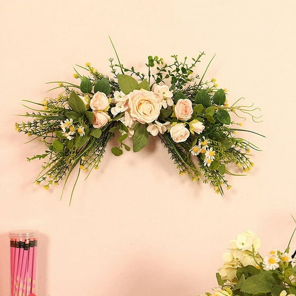 Spring Fine-Leaf Baby'S Breath Rose Wreath - Simulation Rose All Over The Star Lintel Wreath Artificial Garland Hanging Pendants for Wedding