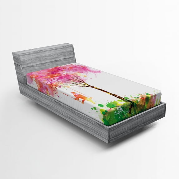 Ambesonne Colorful Fitted Sheet, Spring Blossoming Tree, Twin Size, Multicolor