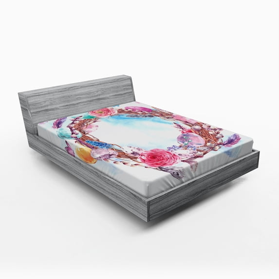 Spring Fitted Sheet, Floral Wreath with Branches Butterflies Feathers Happy Harvest Season Watercolor Art, Soft Decorative Fabric Bedding, Full Size, Multicolor, by Ambesonne