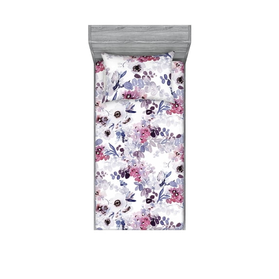 Spring Fitted Sheet & Pillow Sham Set, Anemone Flowers Leaves Abstract Watercolor Floral Art on Plain Back, Decorative Printed 2 Piece Bedding Decor, Twinxl, Mauve Taupe and Blue Violet, by Ambesonne