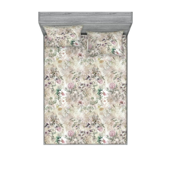 Spring Fitted Sheet & Pillow Sham Set, Blooming Nature Branches Leaves and Roses with Bees in Vintage Watercolor, Decorative Printed 3 Piece Bedding Decor, Queen, Pale Tan Sage Green, by Ambesonne