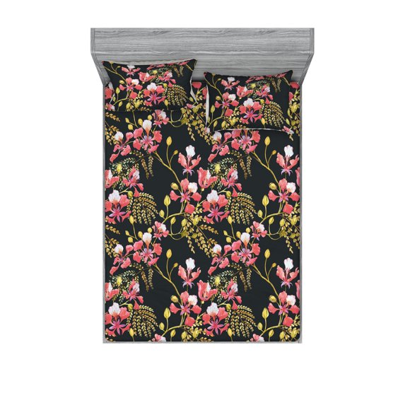 Spring Fitted Sheet & Pillow Sham Set, Branches with Flowers Leaves Art in Watercolor Hand-Drawn Style, Decorative Printed 3 Piece Bedding Decor, King, Pale Fuchsia Khaki and Pink, by Ambesonne