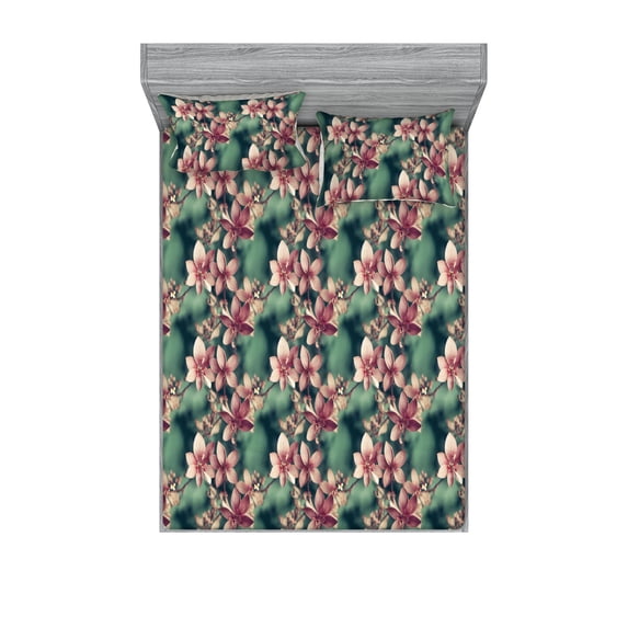 Spring Fitted Sheet & Pillow Sham Set, Cherry Blossoms Branches with Blurred Backdrop Seasonal Picturesque Print, Decorative Printed 3 Piece Bedding Decor, Calking, Teal Rose and Pink, by Ambesonne