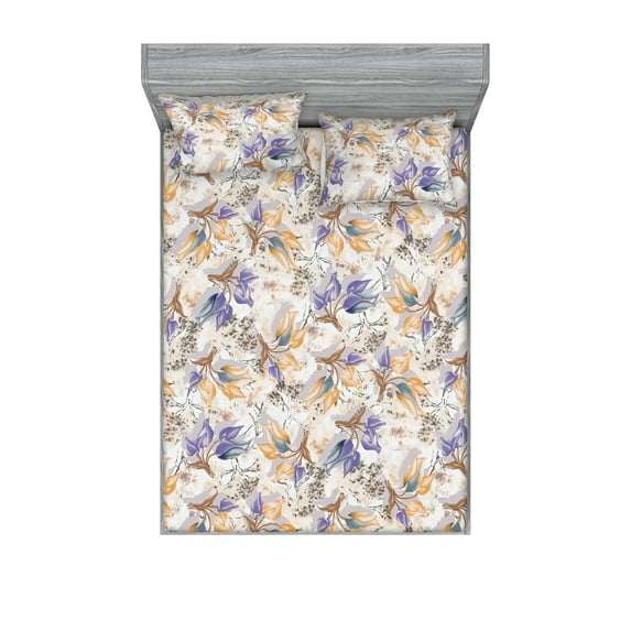 Spring Fitted Sheet & Pillow Sham Set, Colorful Flowers Sketchy Abstract Illustration on Plain Back Art, Decorative Printed 3 Piece Bedding Decor, Calking, Blue Violet and Pale Peach, by Ambesonne