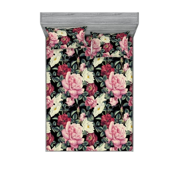 Spring Fitted Sheet & Pillow Sham Set, Colorful Roses with Leaves Repetitive Ornament in Vintage Style Art, Decorative Printed 3 Piece Bedding Decor, Queen, Dried Rose and Jade Green, by Ambesonne