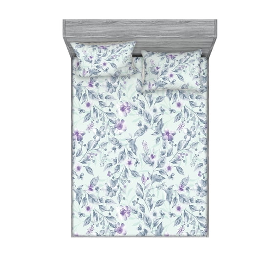 Spring Fitted Sheet & Pillow Sham Set, Floral Theme Leaves Flowers Repeating Ornament in Watercolor Style, Decorative Printed 3 Piece Bedding Decor, Full, Blue Grey and Pale Lavender, by Ambesonne