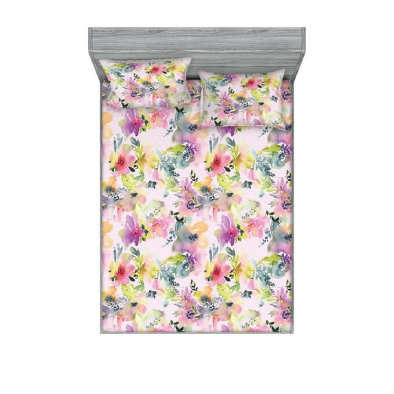 Spring Fitted Sheet & Pillow Sham Set, Nature Love Blossoming Colorful Meadow Concept Flowers Watercolor Motif, Decorative Printed 3 Piece Bedding Decor, King, Soft Pink Multicolor, by Ambesonne