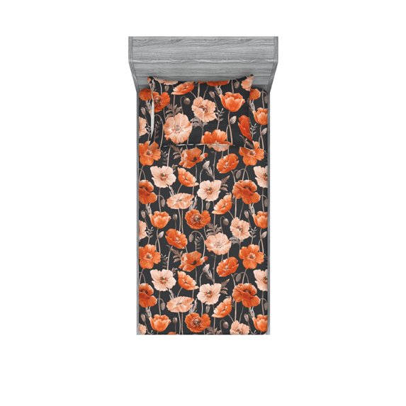 Spring Fitted Sheet & Pillow Sham Set, Repeating Hand-Drawn Watercolor Poppy Flowers Pattern Ornament Flora, Decorative Printed 2 Piece Bedding Decor, Twinxl, Cinnamon Pale Chocolate, by Ambesonne