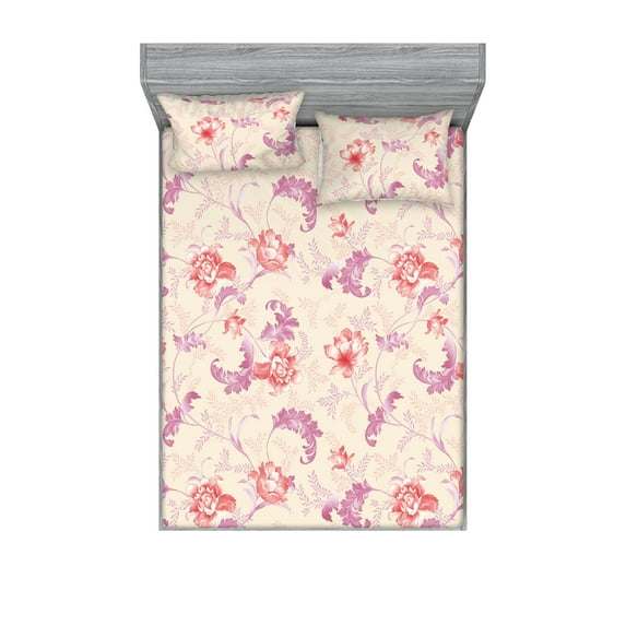 Spring Fitted Sheet & Pillow Sham Set, Repetitive Pattern of Abstract Flowers Leaves Floral Illustration, Decorative Printed 3 Piece Bedding Decor, King, Pale Fuchsia and Dark Coral, by Ambesonne