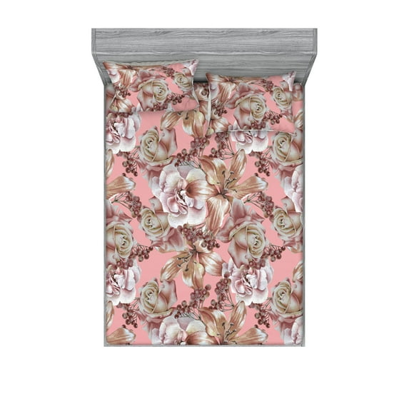 Spring Fitted Sheet & Pillow Sham Set, Rose Lily Flowers Berries Retro Watercolor Style Illustration Art, Decorative Printed 3 Piece Bedding Decor, King, Pastel Pink and Pale Redwood, by Ambesonne