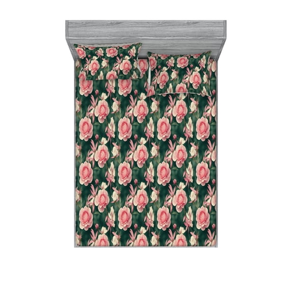 Spring Fitted Sheet & Pillow Sham Set, Roses of Garden Blurred Backdrop Close Up Blossoming Romantic Artwork, Decorative Printed 3 Piece Bedding Decor, Calking, Hunter Green Pale Pink, by Ambesonne