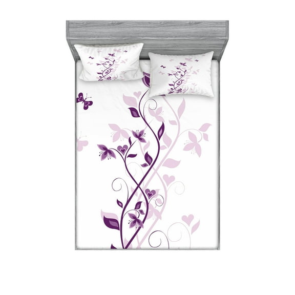 Spring Fitted Sheet & Pillow Sham Set, Violet Tree Swirling Persian Lilac Blooms with Butterfly Ornamental Plant Graphic, Decorative Printed 6 Piece Bedding Decor Set, Queen, Plum White, by Ambesonne