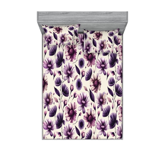 Spring Fitted Sheet & Pillow Sham Set, Watercolor Repetitive Flowers Pattern on Plain Background Ornament, Decorative Printed 3 Piece Bedding Decor, Full, Dark Purple and Pale Taupe, by Ambesonne