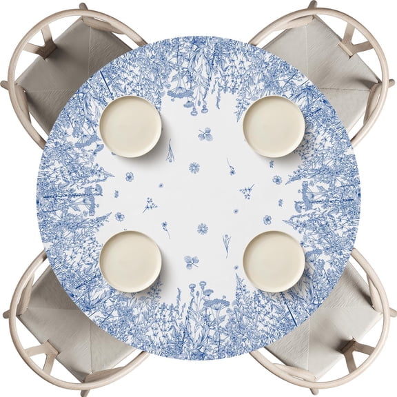 Spring Fitted Tablecloth 60 Inch Round, Spring Wild Flowers Floral Blue Washable Table Cover Elastic Edged for Dinning, Picnic, Camping, Banquet