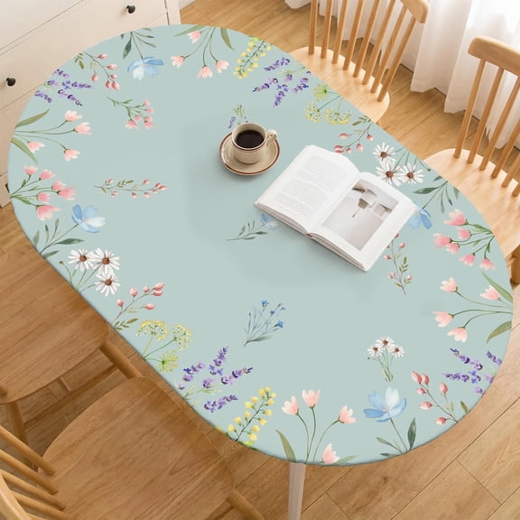 Spring Fitted Tablecloth 68 x 48 Inch Oval, Spring Daisy Tulips Lavender Floral Green Washable Table Cover Elastic Edged for Dinning, Picnic, Camping, Banquet