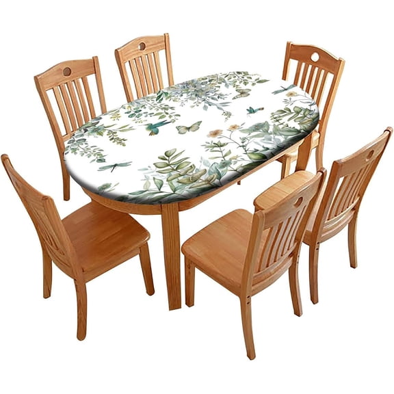 Spring Fitted Tablecloth Oval, Green Colorful Flower Butterflies Elastic Edge Table Cover, for Indoor Restaurant Outdoor Terrace Dining Decor, Fits Tables up to 48*68
