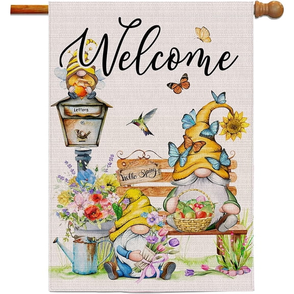 Spring Flag 28 X 40 Double Sided, Large Gnome Welcome Garden Flag for Outdoor, Decorative House Flag, Spring Summer Burlap Garden Gnome Decor, Farmhouse Seasonal Spring Garden Flag for Yard Outside
