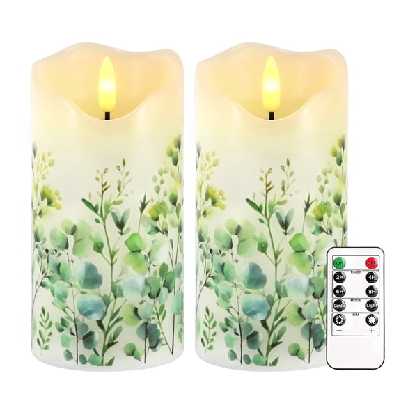 Spring Flameless Candles Set of 2, 6"x3" Eucalyptus Flickering LED Candles with Remote & Timer, Real Wax Electric Pillar Candles Battery Operated, Greenery Candles for Spring Easter Home Decor