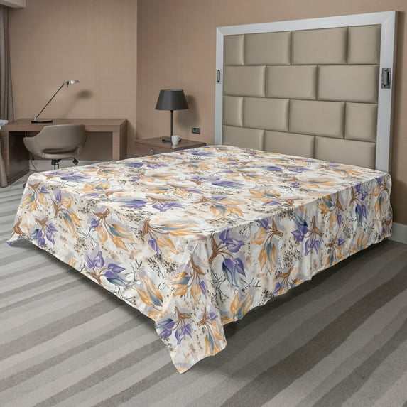 Ambesonne Spring Flat Bedding Sheet Soft Top Sheet, Sketchy Abstract Flora Art, Queen, Blue Violet and Pale Peach