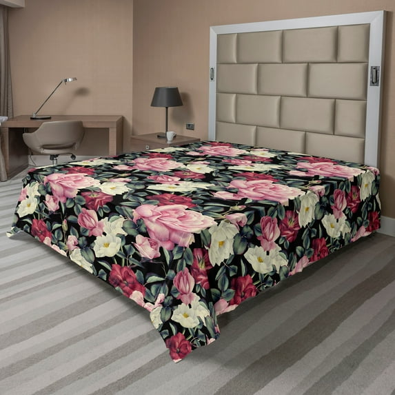 Ambesonne Spring Flat Bedding Sheet Soft Top Sheet, Roses Leaves Vintage Plot, Full, Dried Rose and Jade Green