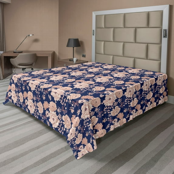 Ambesonne Nature Flat Bedding Sheet Soft Top Sheet, Vintage Butterfly Pattern, California King, Indigo and Pale Rose