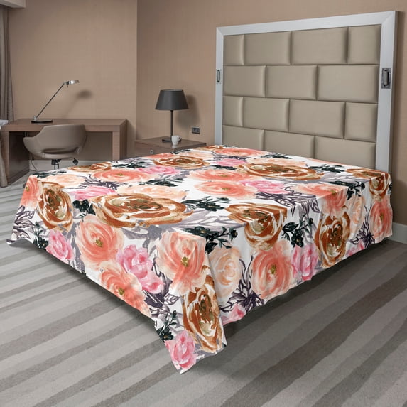 Spring Flat Sheet, Watercolor Art Featuring Flowers Leaves Pattern on Plain Backdrop, Soft & Comfy Top Sheet Decorative Bedding 1 Piece, California King, Dark Peach and Pastel Pink, by Ambesonne