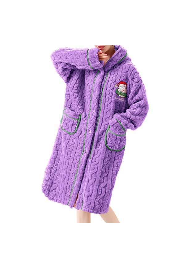 Spring Fleece Bathrobe for Women Cozy Soft Hooded Robe with Pockets Long Sleeve Lounge Wear Purple L