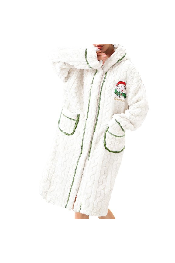 Spring Bathrobe for Women Cozy Soft Hooded Robe with Pockets Long Sleeve Lounge Wear White M