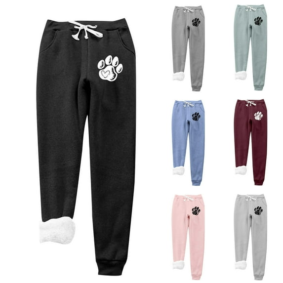 Spring Fleece Sherpa Sweatpants Women with Pockets,Women Athletic Sherpa Lined Joggers,Casual Paw Print Sweatpants,Elastic Drawstring Sprots Sweatpants,Pajama Pants Loundwear