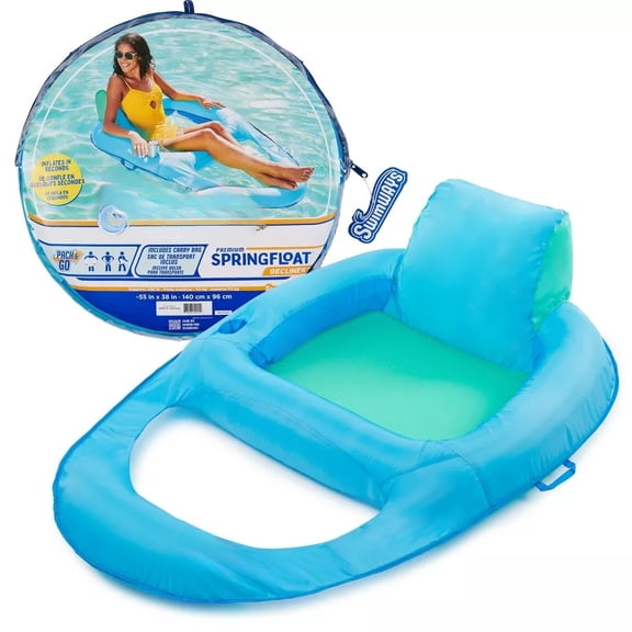 Spring Float Recliner Swim Lounger for Pool or Lake with Hyper-Flate Valve - Blue: PVC & Polyester, 1 Person