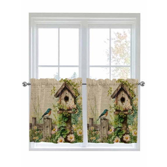 Spring Floral 2 Panel Kitchen Curtains for Small Windows, Birds Cabin Watercolor Botanical Retro Art Bathroom Tier Curtain, Short Window Treatment for Bedroom/Living Room 55"x36"