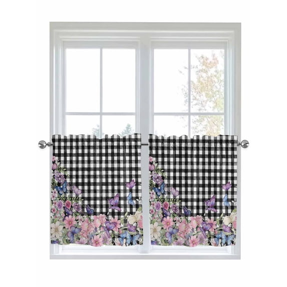 Spring Floral 2 Panel Kitchen Curtains for Small Windows, Black White Checkered Farmhouse Butterfly Bathroom Tier Curtain, Short Window Treatment for Bedroom/Living Room 55"x24"