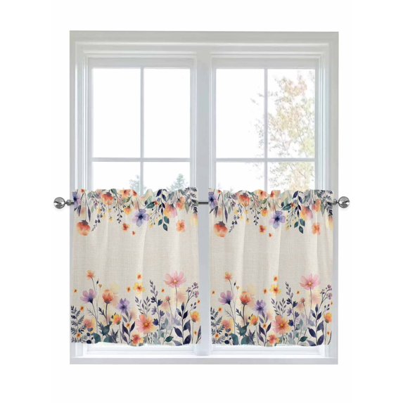 Spring Floral 2 Panel Kitchen Curtains for Small Windows, Elegant Flowers Farmhouse Botanical Rustic Bathroom Tier Curtain, Short Window Treatment for Bedroom/Living Room 55"x36"
