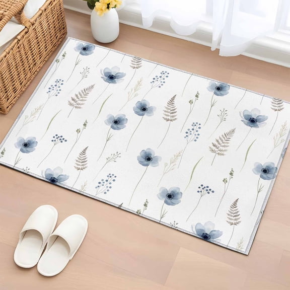 Spring Floral 2'x3' Rug for Entryway Front Door Kitchen Sink Area, Fantasy Watercolor Blue Flowers Rustic Leaf Farmhouse Low Pile Washable Non Slip Rectangle Area Rug